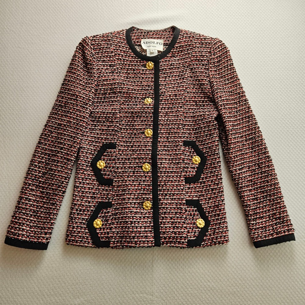 Vintage Adolfo New York Red Black Boucle Knit Jacket Gold Crest Buttons Size 8